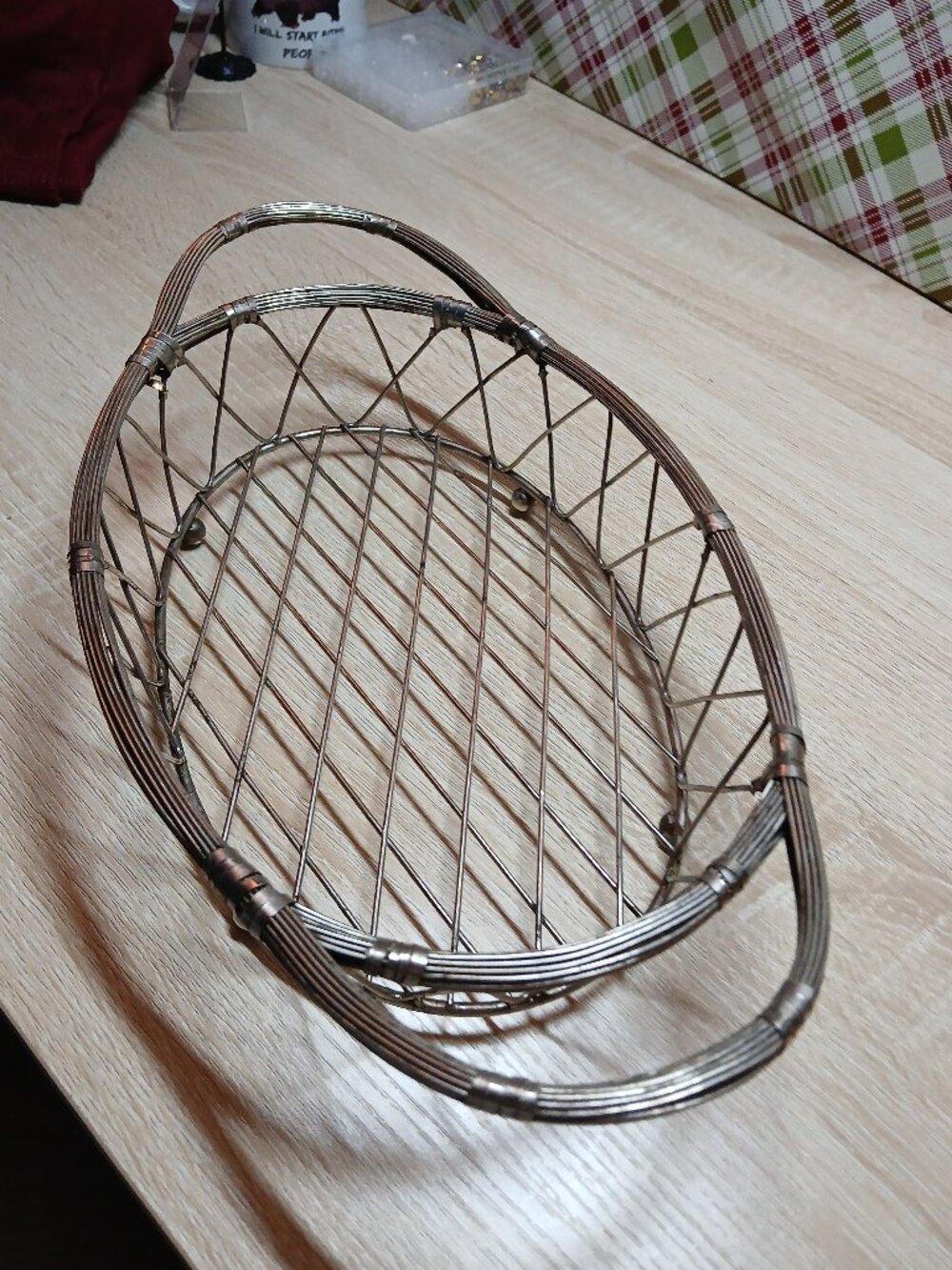 Vintage Antique Silver Metal Wire Bread Fruit Basket with Metal Wrapped Handles
